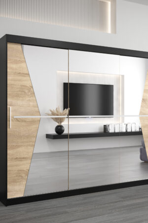 Šatní skříň Abi Ma v černé barvě s dubovými dveřmi.