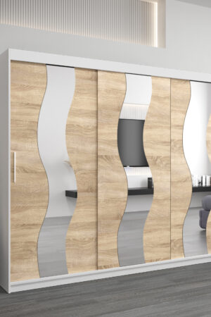 Šatní skříň Abi Se v bílé barvě s dubovými dveřmi.