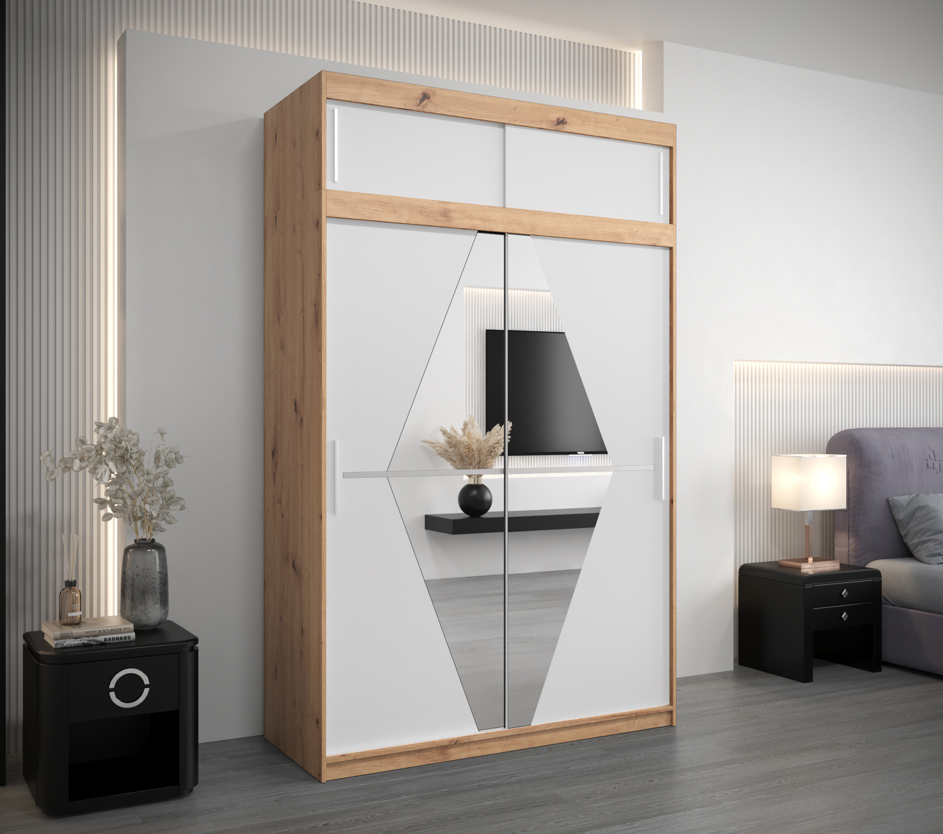 Šatní skříň Abi Bo s nástavcem, dub artisan, bílá