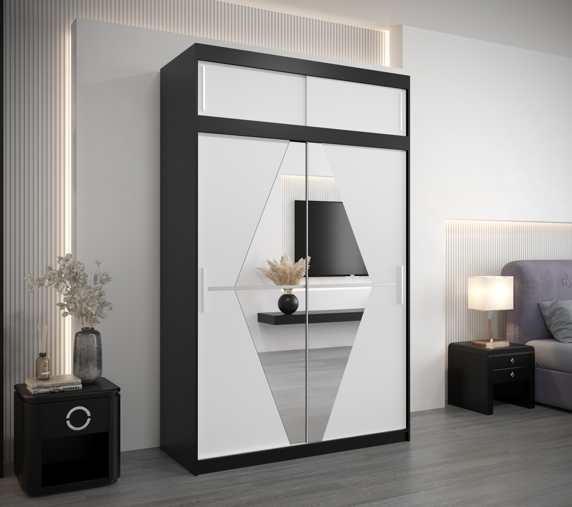 Šatní skříň Abi Bo s černým korpusem a bílými dveřmi