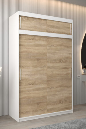 Šatní skříň Abi T0 v bílé barvě s dubovými dveřmi