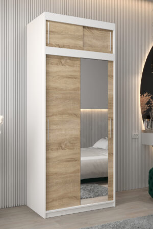 Šatní skříň Abi T2 s nástavcem, bílá, dub sonoma.
