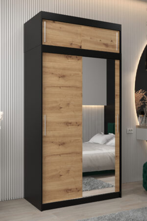 Šatní skříň Abi T2 s černým korpusem a dubovými dveřmi.