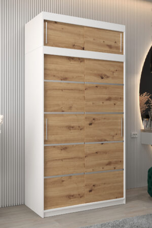 Šatní skříň Abi V1 s bílým korpusem a dubovými dveřmi.