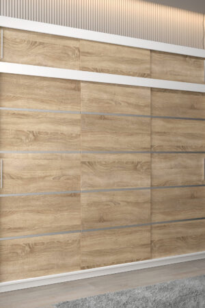 Šatní skříň Abi V1 s nástavcem v bílé barvě a dubovými dveřmi.