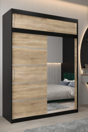 Šatní skříň Abi V2 s černým korpusem a dubovými dveřmi