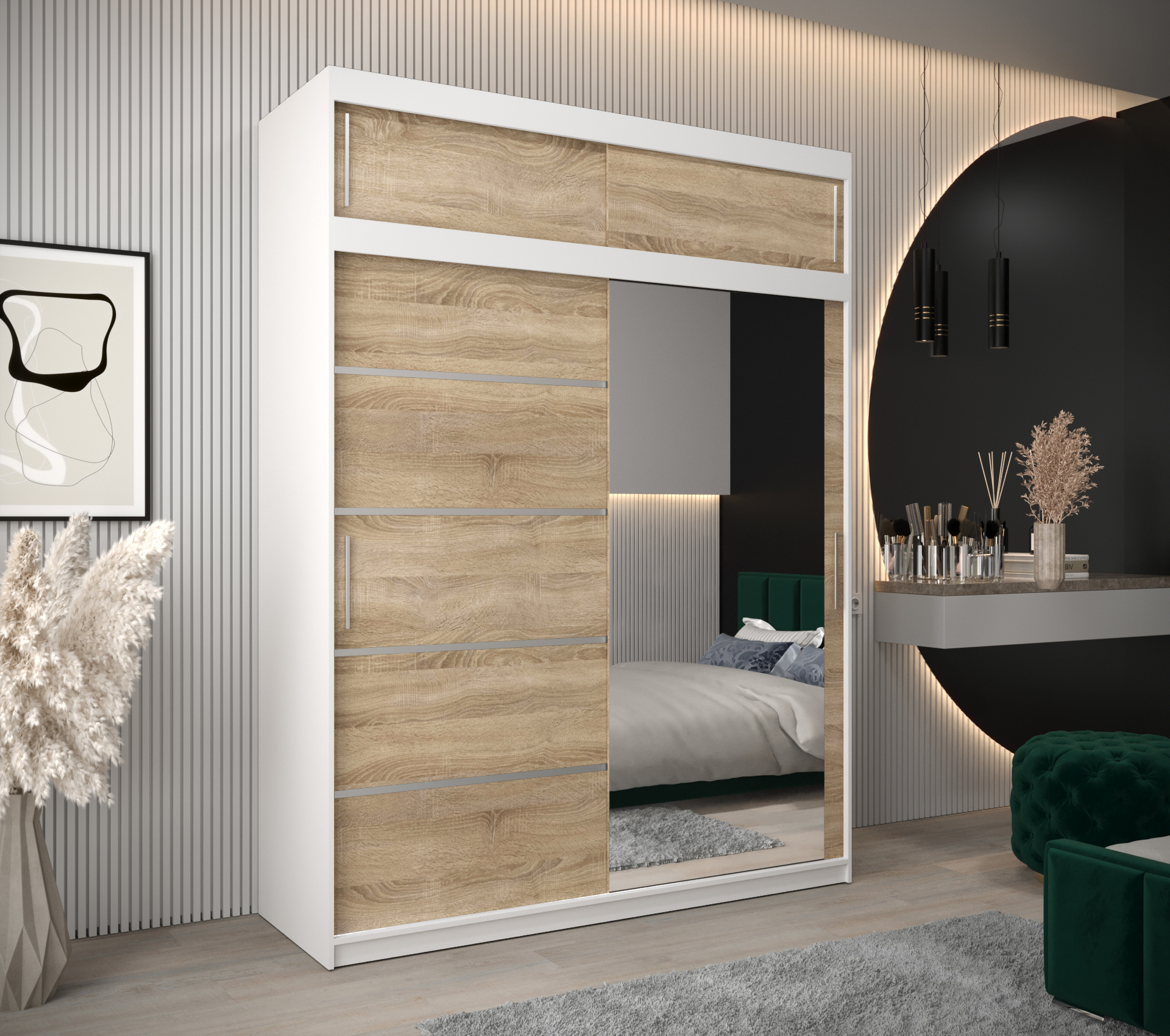 Šatní skříň Abi V2 s bílým korpusem a dubovými dveřmi