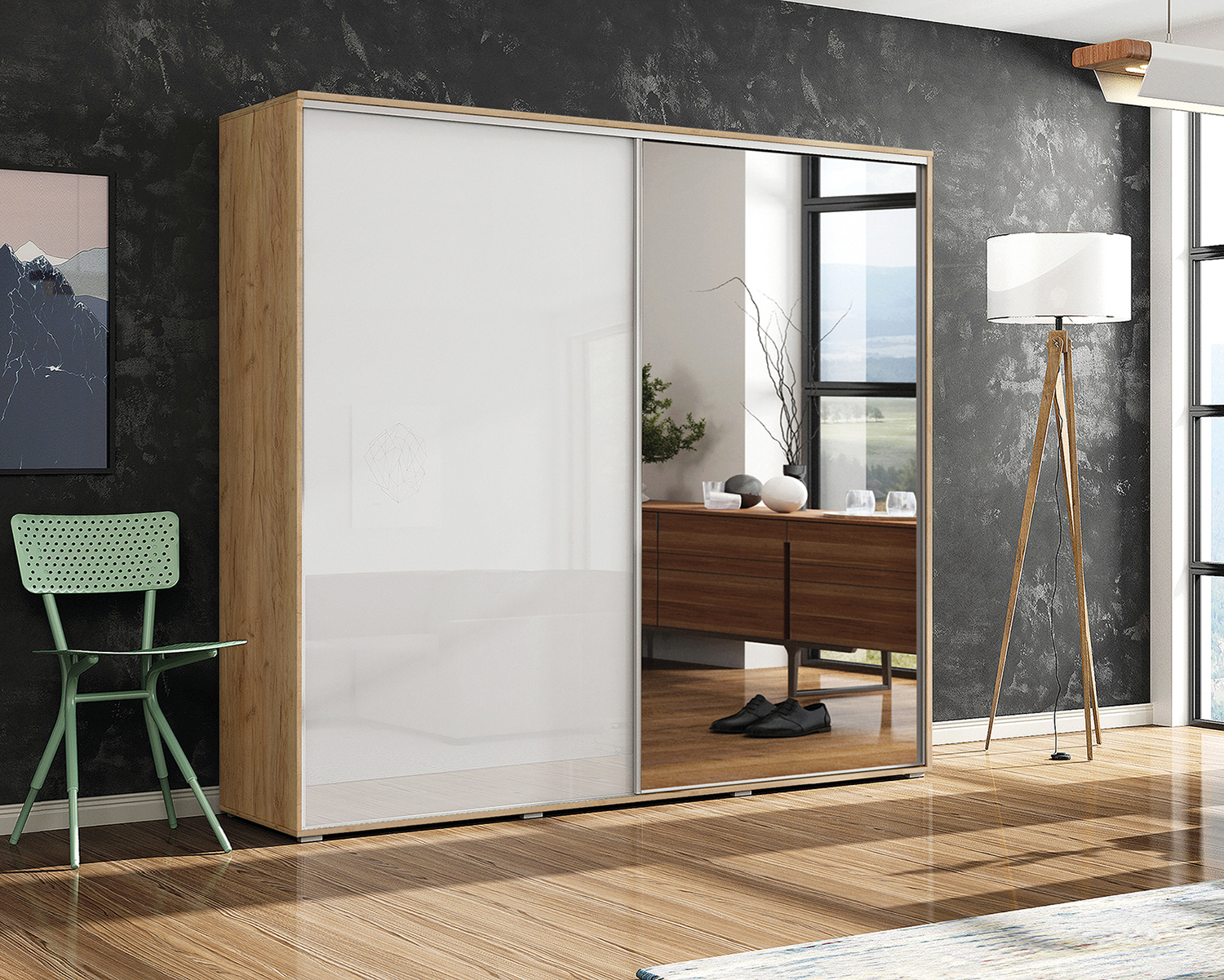 Šatní skříň Ska A7 XL v grafitové barvě s bílými lesklými dveřmi