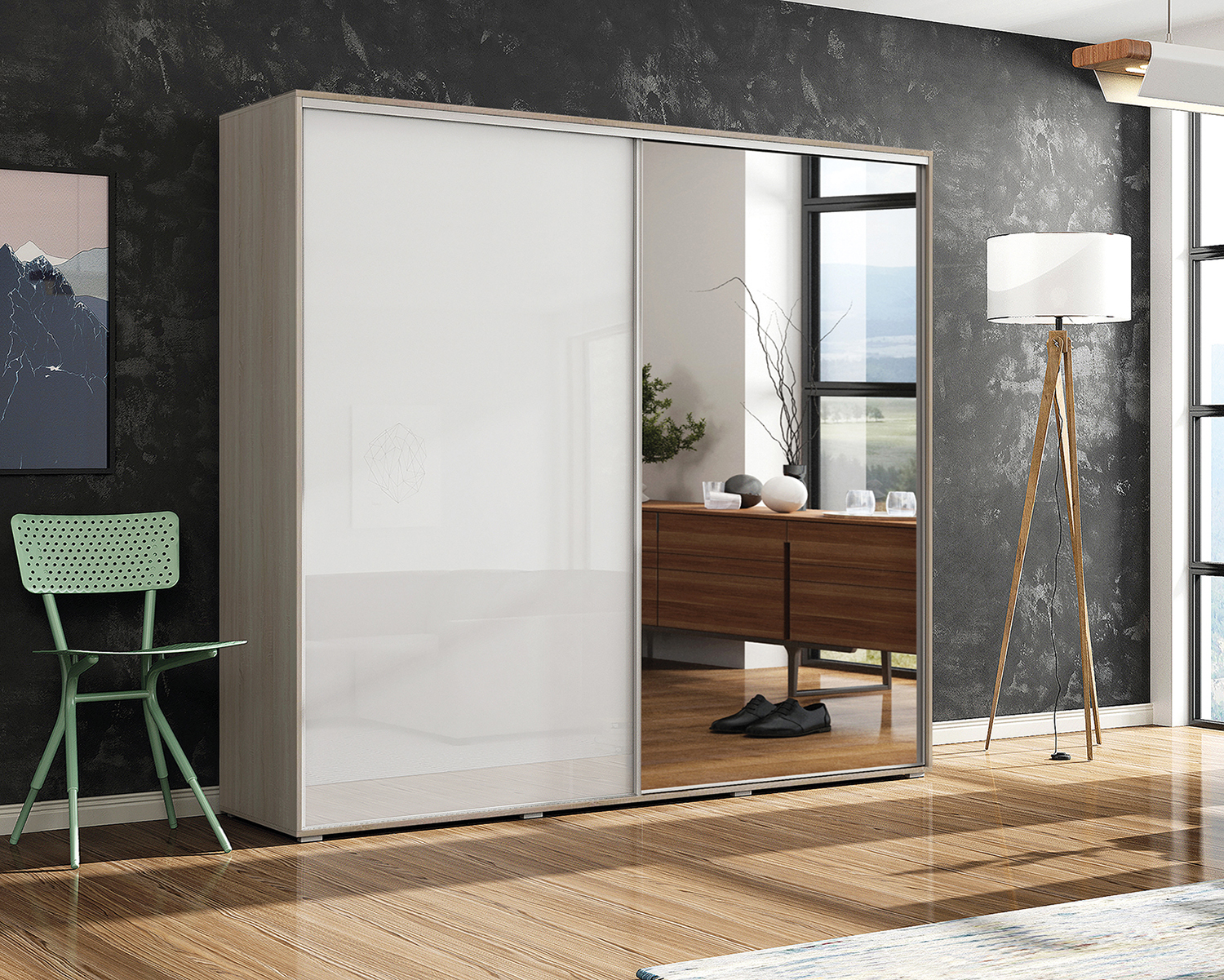 Šatní skříň Ska A7 XL v grafitové barvě s bílými lesklými dveřmi