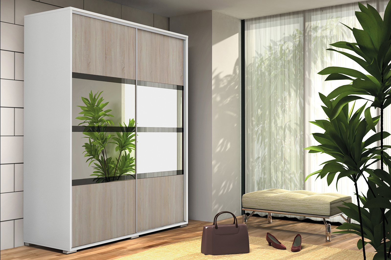 Šatní skříň Ska A9 XL v bílé barvě s dubovými dveřmi