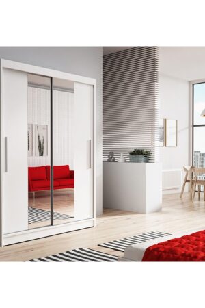 Šatní skříň Neomi 01 s bílými matnými dveřmi a zrcadlem