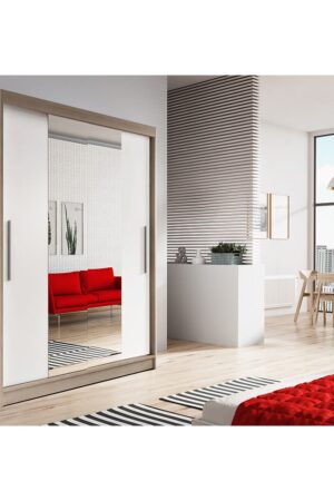 Šatní skříň Neomi 01 s bílými matnými dveřmi a zrcadlem