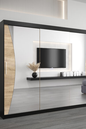 Šatní skříň Abi Mo s černými dveřmi a zrcadlem