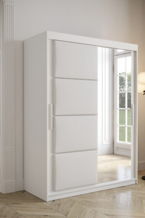 Šatní skříň Abi Tapi v bílé barvě s koženkovými dveřmi