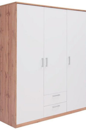 Bílá šatní skříň s dubovými detaily a otočnými dveřmi.