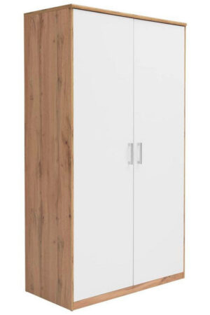 Bílá šatní skříň s otočnými dveřmi a dubem wotan.