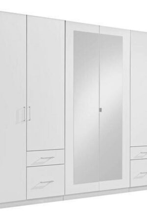 Bílá šatní skříň se zrcadlem, 270 cm, 6 dvířek
