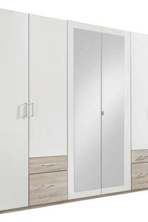 Bílá šatní skříň se zrcadlem a dubovými prvky
