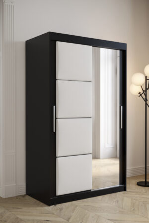 Šatní skříň Abi Tapi s černým korpusem a bílými koženkovými dveřmi