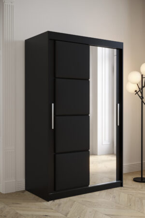 Šatní skříň Abi Tapi v černé barvě s čalouněnými panely a zrcadlem