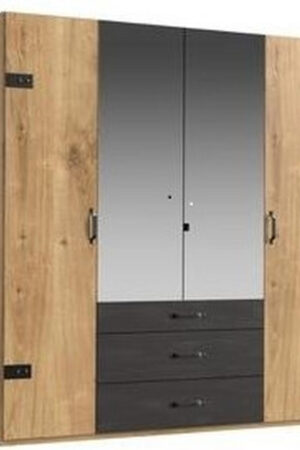 Šatní skříň se zrcadlem v grafitové a dubové barvě