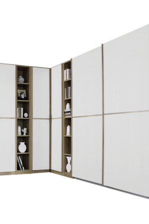 Rohová šatní skříň v bílé a Sonoma dub designu