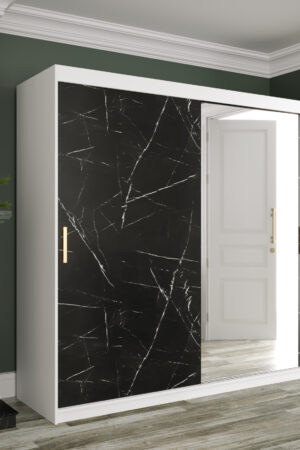 Šatní skříň Abi Marmur T2 s bílým korpusem a černými mramorovými dveřmi.