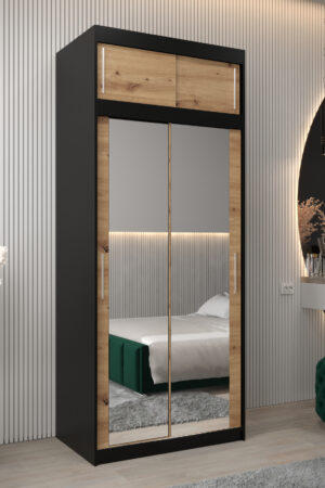 Šatní skříň Abi T3 s černým korpusem a dubovými dveřmi