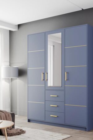 Šatní skříň Bali D3 Modrá s velkým zrcadlem