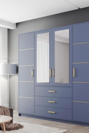 Šatní skříň Bali D4 modrá s velkým zrcadlem