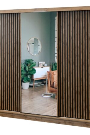 Moderní šatní skříň London se zrcadlem a policemi.