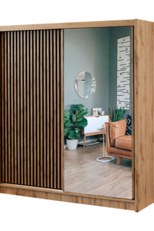 Moderní šatní skříň London se zrcadlem a policemi.