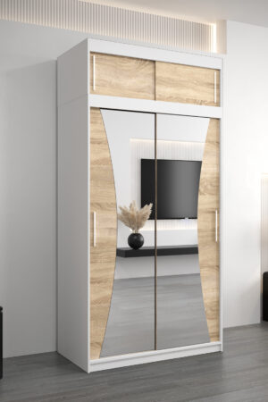 Šatní skříň Abi Mo s bílým korpusem a dubovými dveřmi.