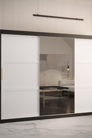 Šatní skříň Abi Ramiro 2 s černým korpusem a bílými zrcadlovými dveřmi