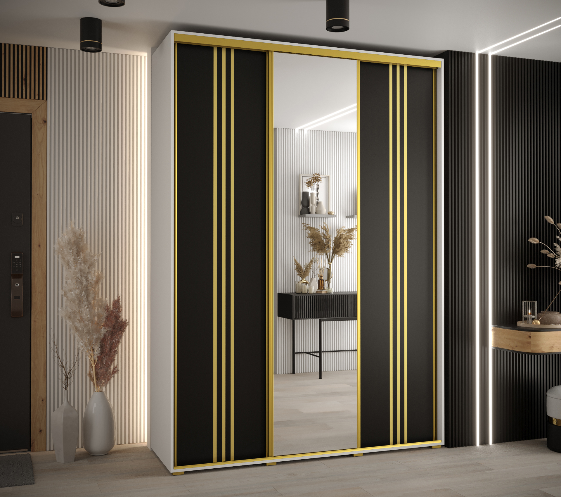 Šatní skříň Davos 7 s bílým korpusem a dubovými dveřmi