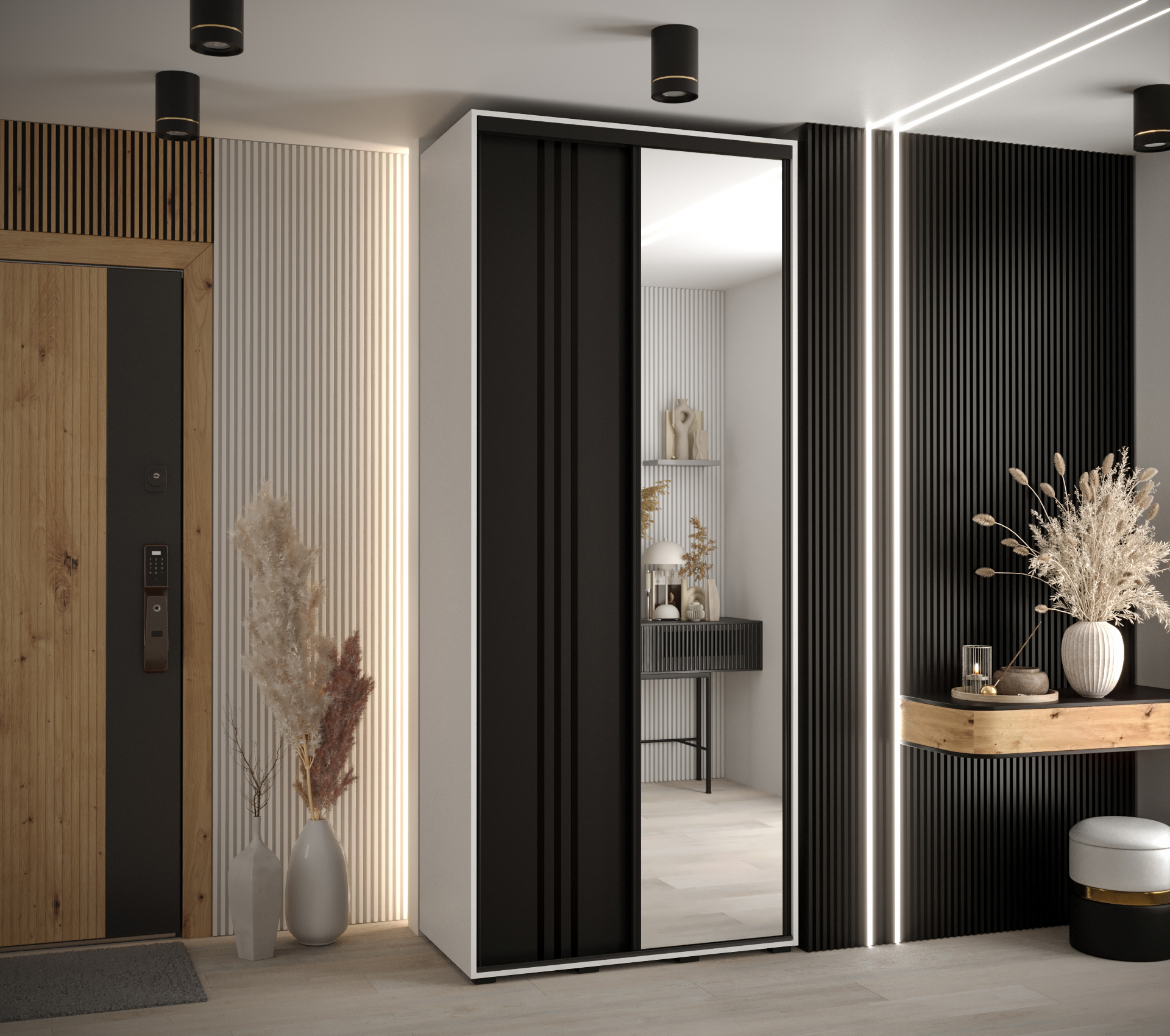 Šatní skříň Davos 7 s bílým korpusem a dubovými dveřmi