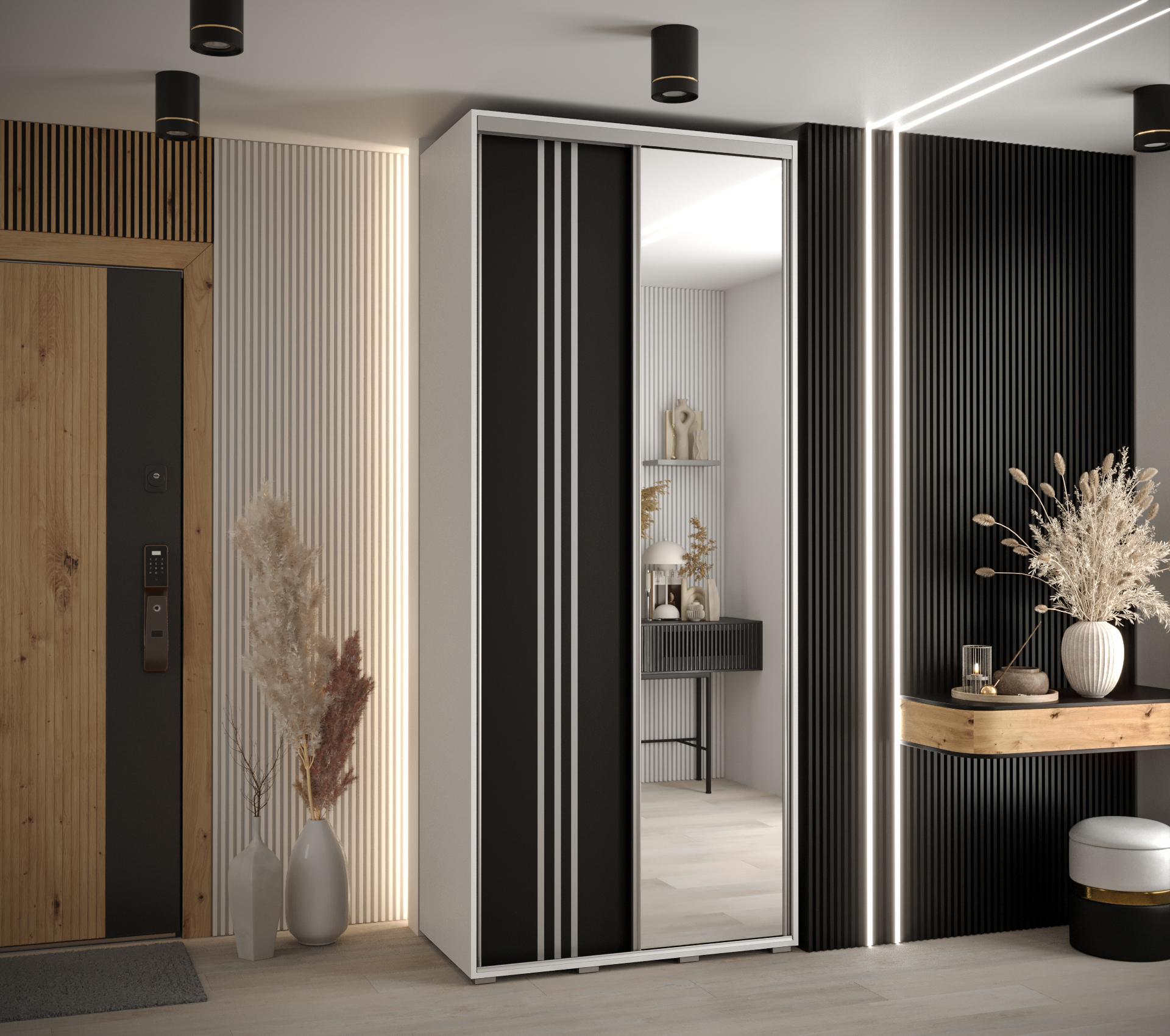 Šatní skříň Davos 7 s bílým korpusem a dubovými dveřmi