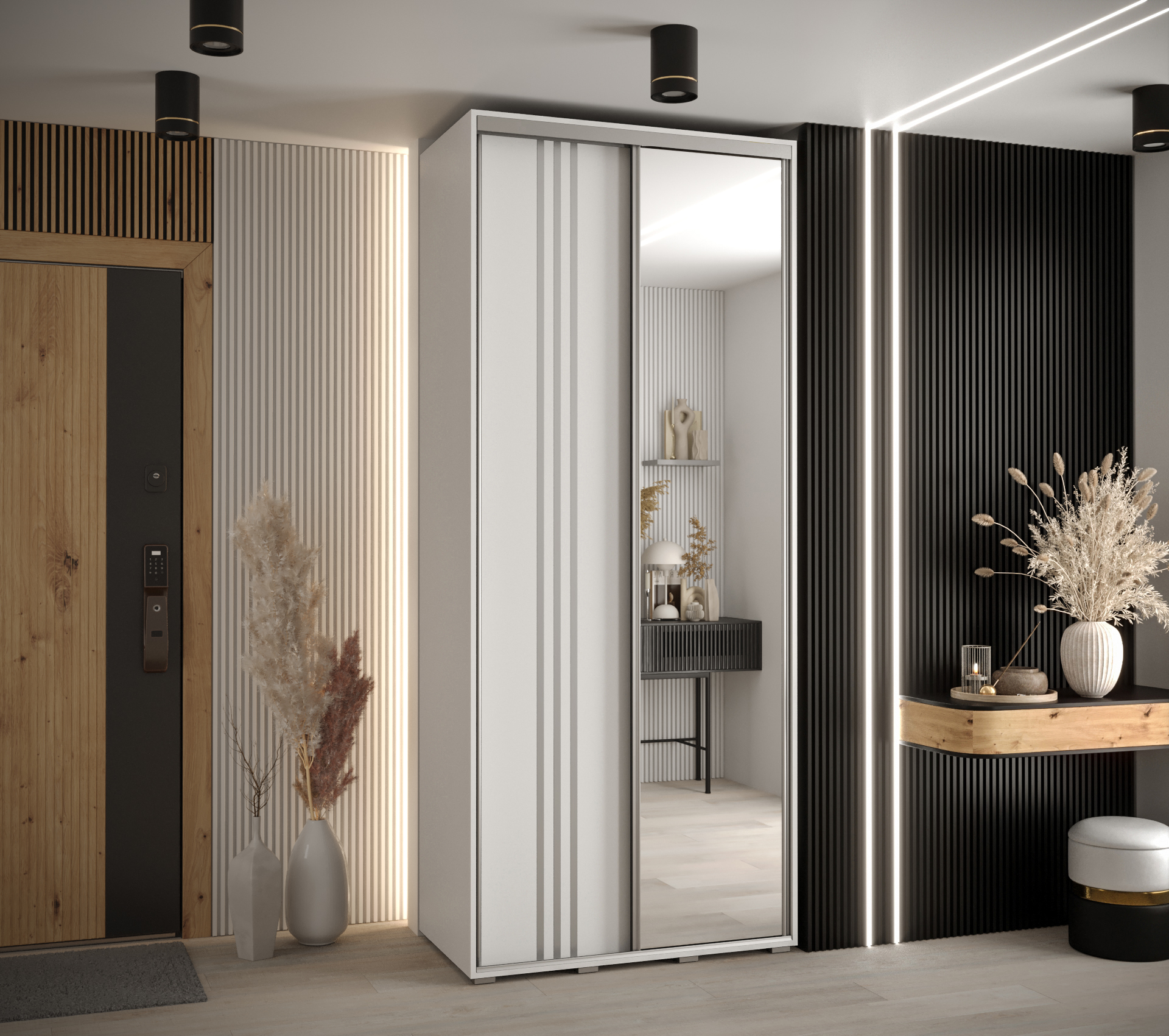 Šatní skříň Davos 7 s bílým korpusem a dubovými dveřmi