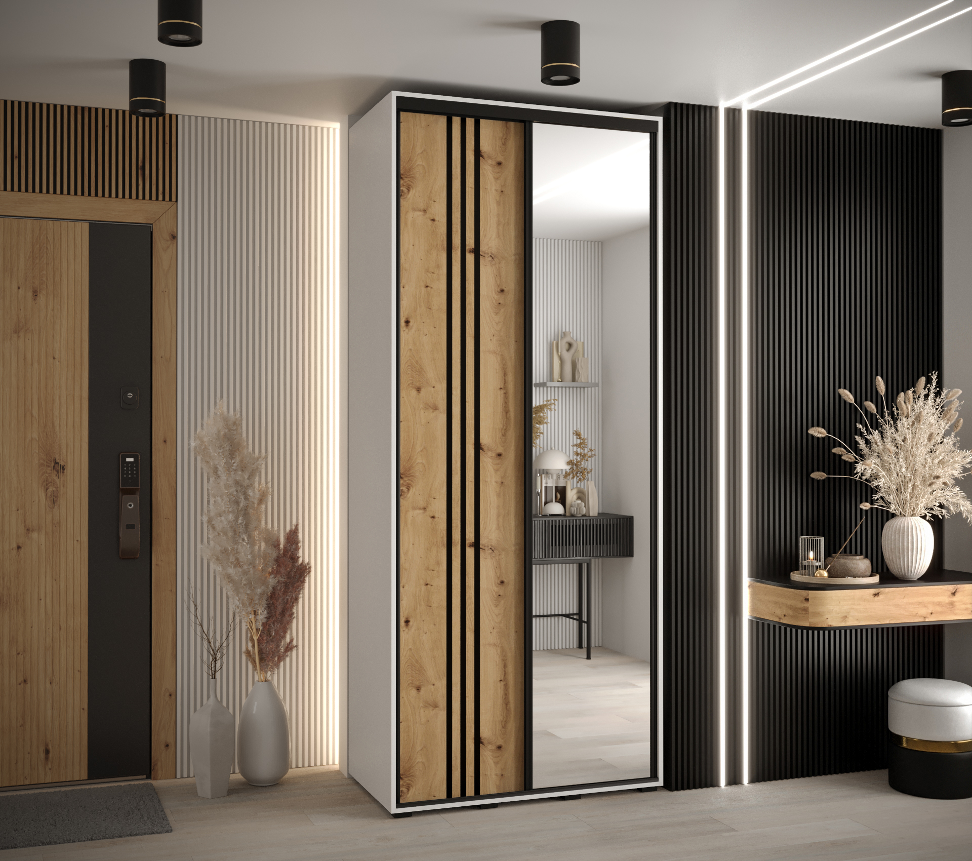 Šatní skříň Davos 7 s bílým korpusem a dubovými dveřmi