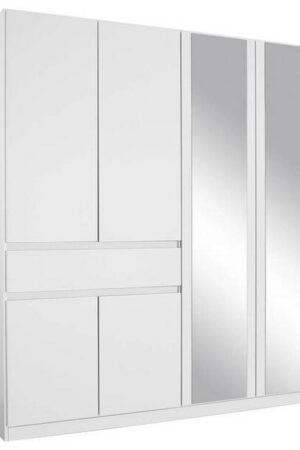 Bílá šatní skříň se zrcadlem a šesti dveřmi