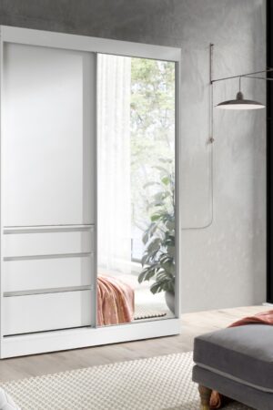 Bílá šatní skříň Haiti s posuvnými dveřmi a zrcadlem