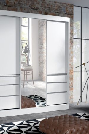 Bílá šatní skříň Haiti s posuvnými dveřmi a zrcadlem