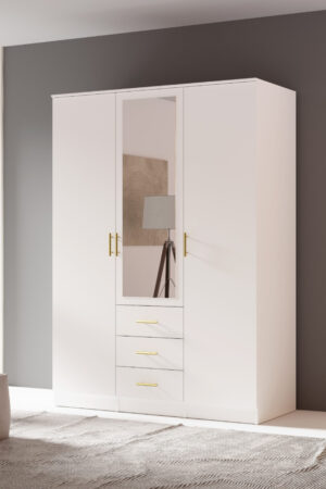 Bílá šatní skříň 3D s zrcadlem a zásuvkami