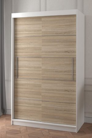 Šatní skříň Neomi 06 v bílé barvě s dubovými dveřmi