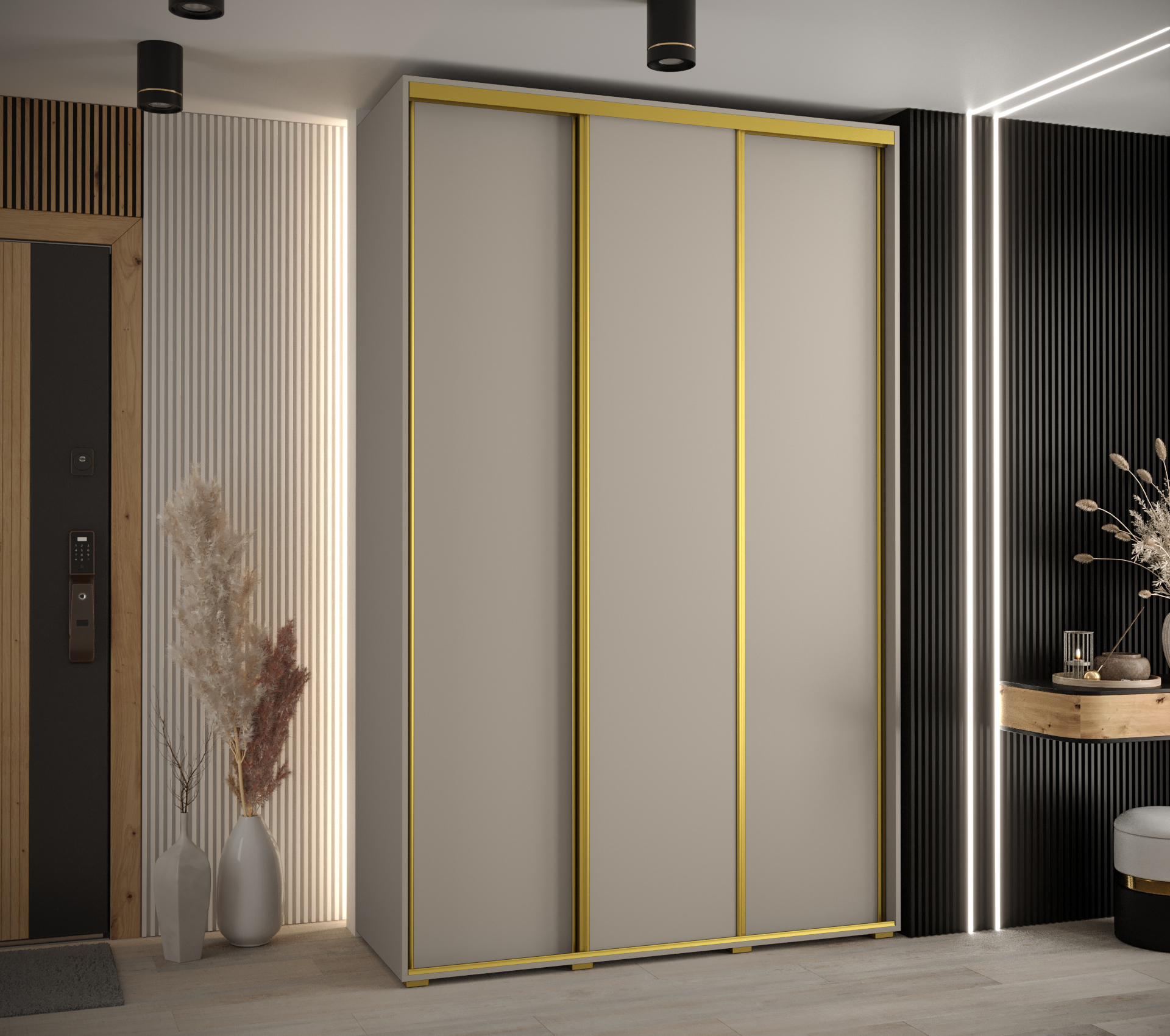 Šatní skříň Dakota 1 s kašmírovou barvou a zlatými úchyty