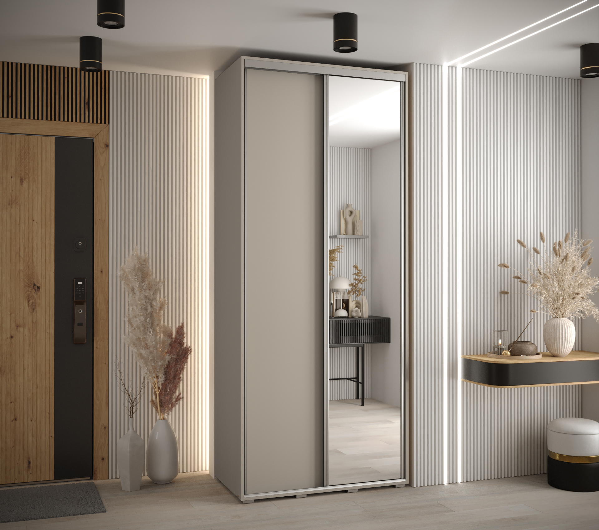 Šatní skříň Dakota 3 s zrcadlem a stříbrnými úchyty