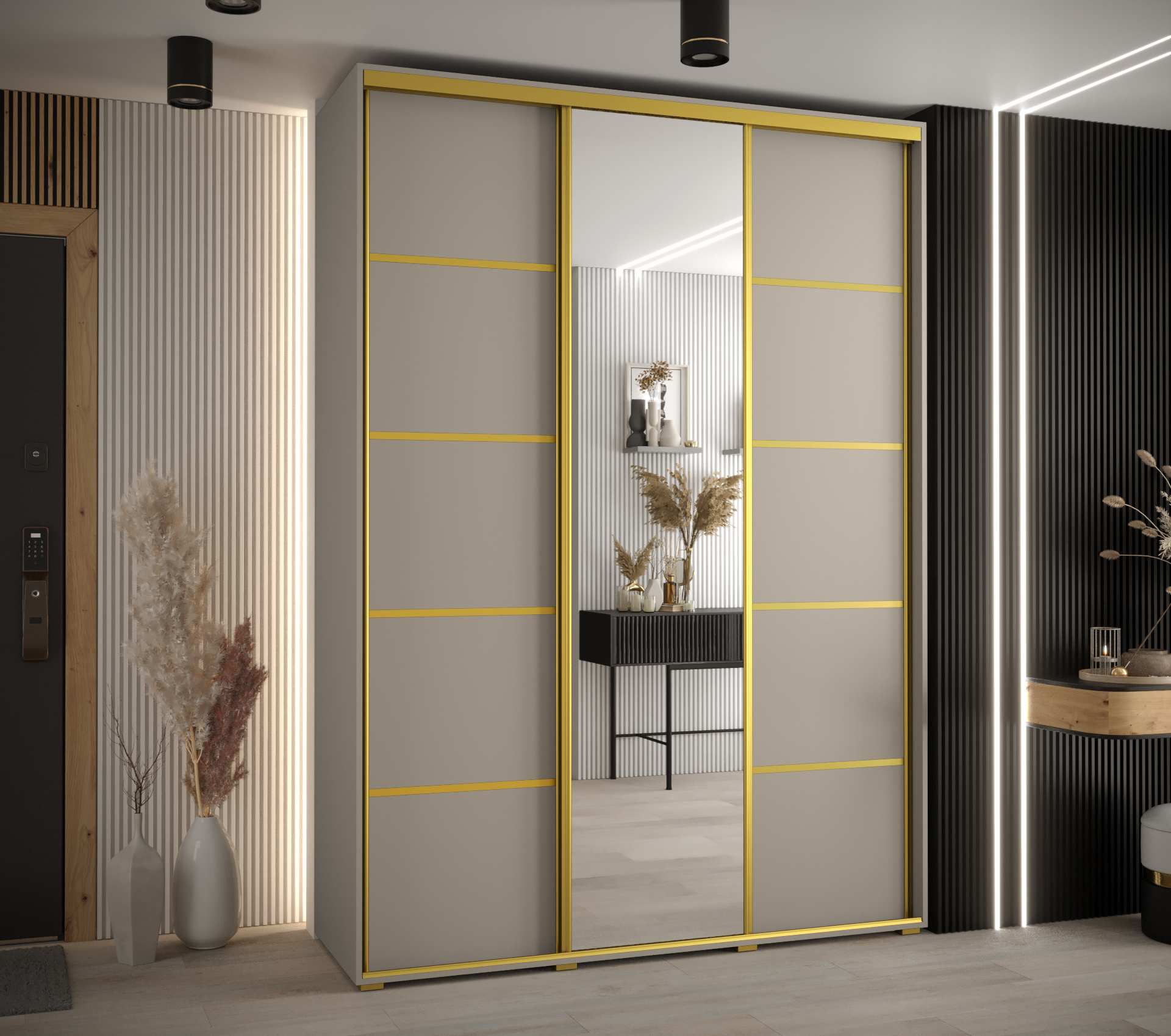 Šatní skříň Dakota 5 v kašmírové barvě s zlatými úchyty