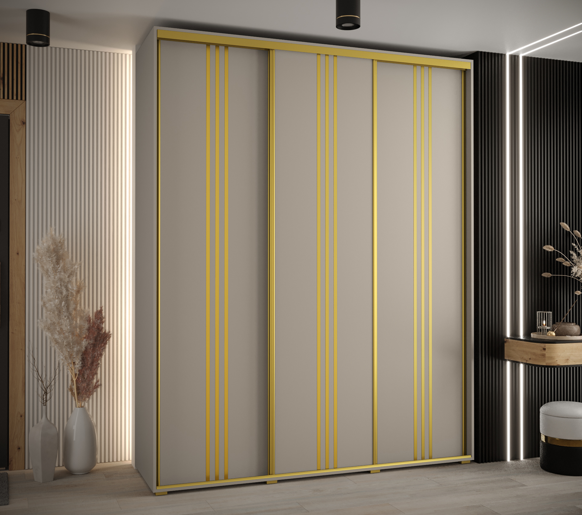 Šatní skříň Dakota 6 v kašmír barvě s zlatými úchyty