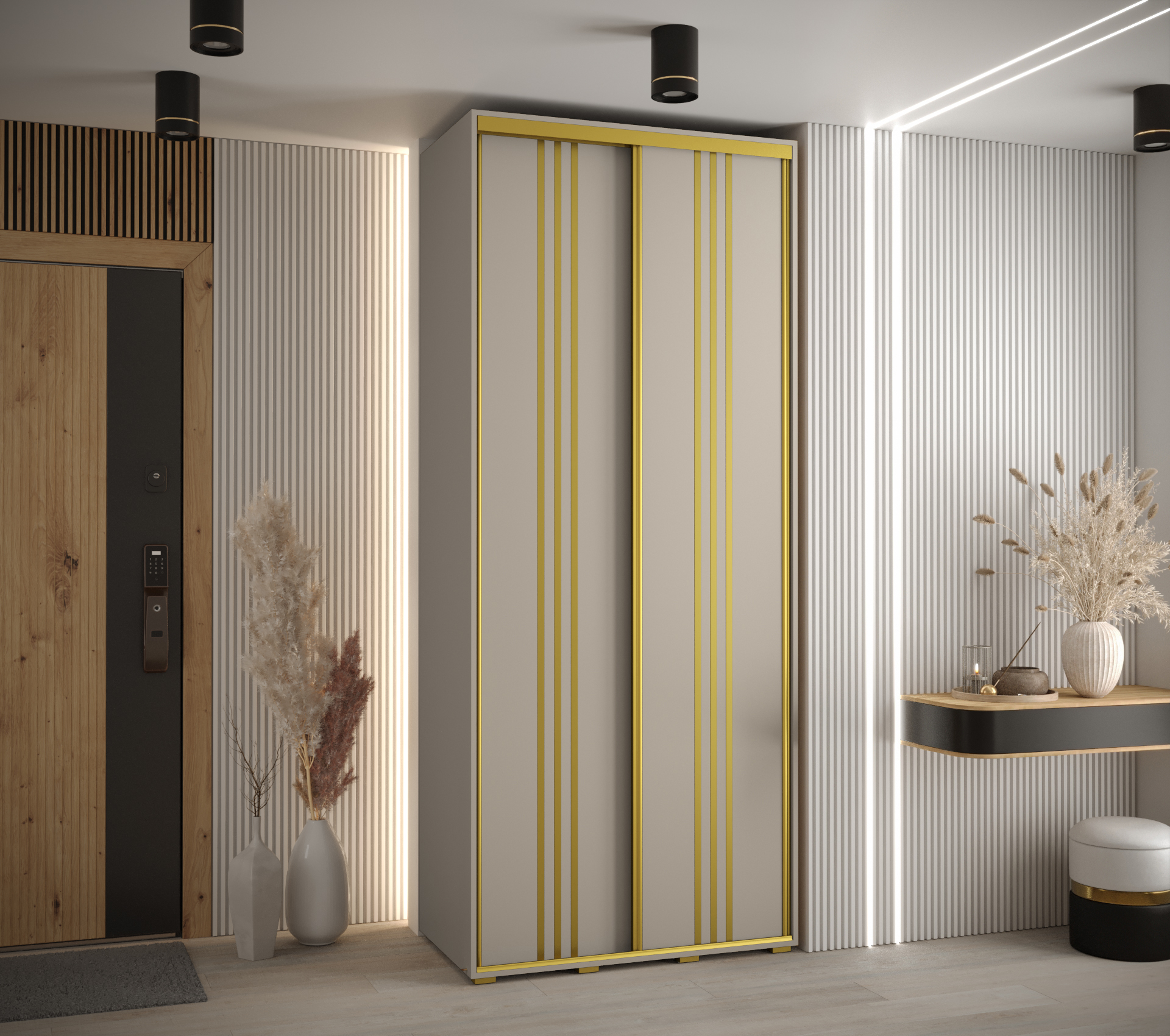 Šatní skříň Dakota 6 v kašmírové barvě se zlatými úchyty