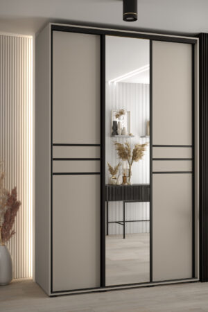 Šatní skříň Dakota 11 s kašmírovou barvou a černými úchyty.